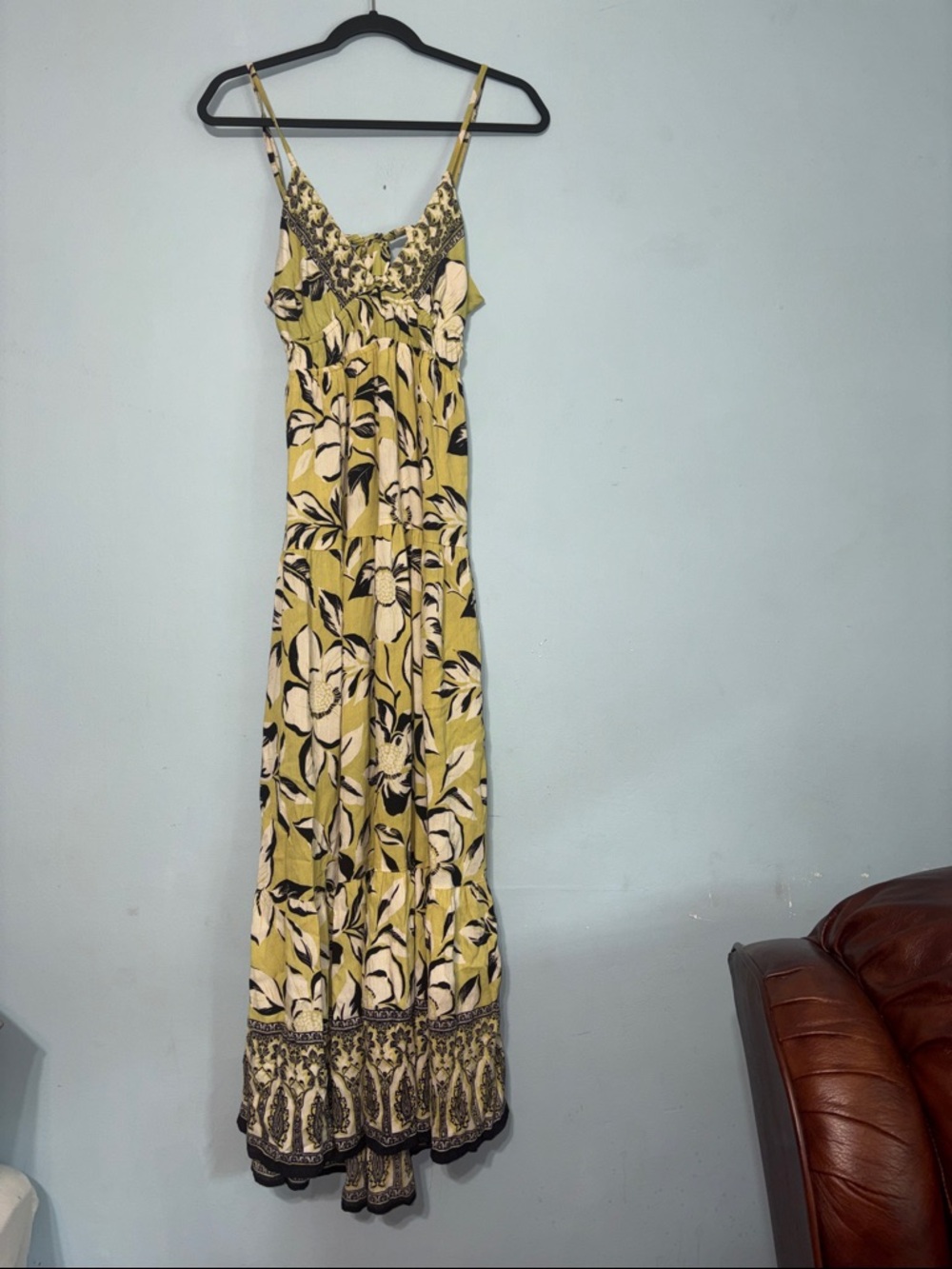Medium Angie Chartreuse Green black boho Floral Rayon open back tie Maxi Dress